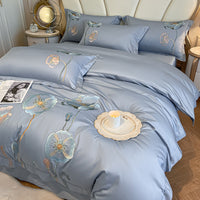 HKM-929811 Pure Cotton Four-Piece Bed Sheet Duvet Cover Set with Embroidery and Geometric Patterns