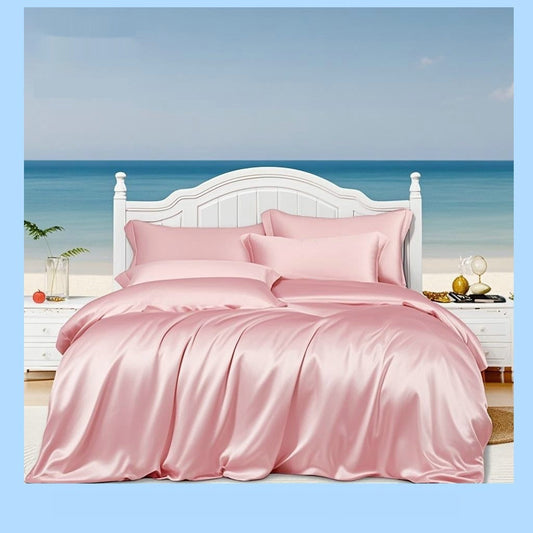 HKM-929811 Silk Bed Sheet Fitted Four-Piece Set - Solid Color Modern Design