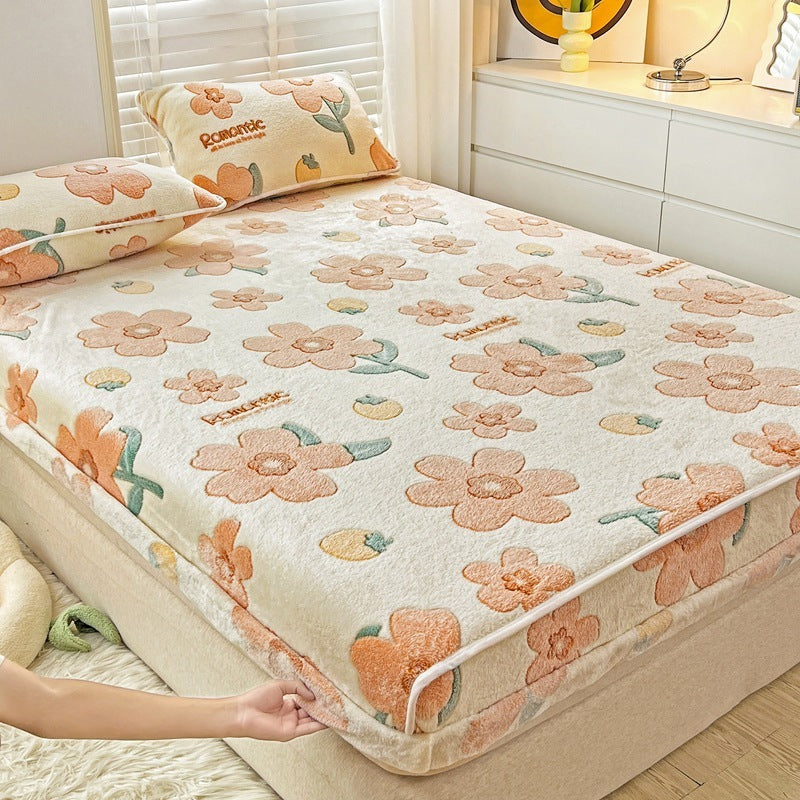 HKM-930963 Double-Sided Cartoon Snowflake Velvet Fitted Sheet with Cute Animal and Flower Patterns, Multiple Sizes Available