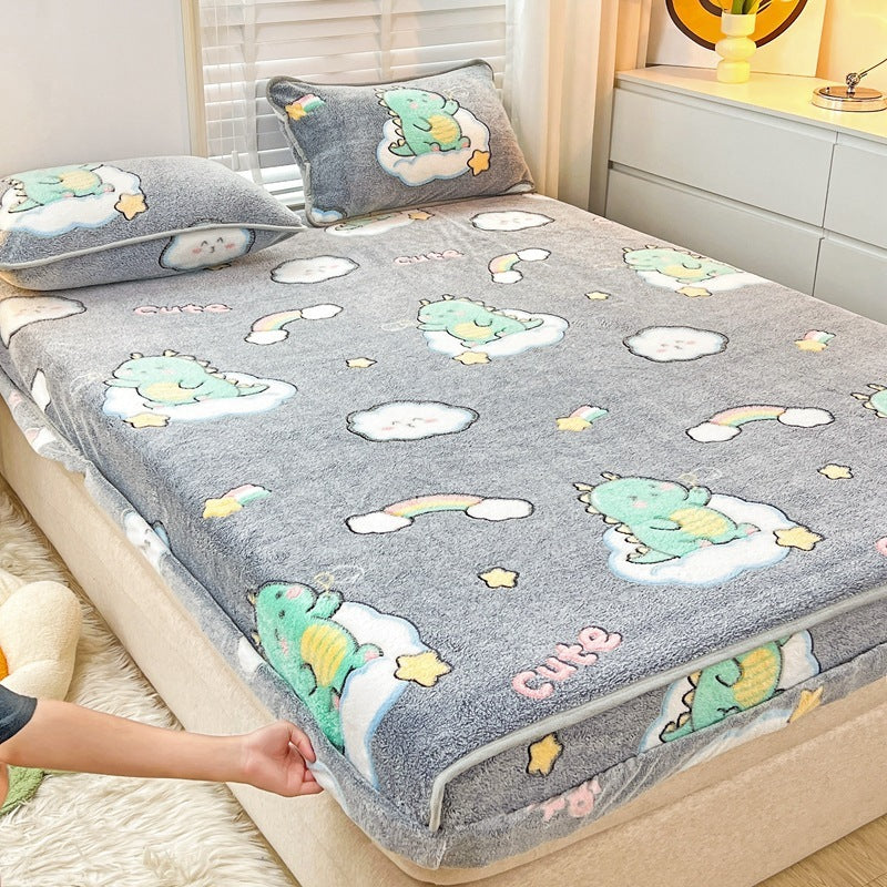 HKM-930963 Double-Sided Cartoon Snowflake Velvet Fitted Sheet with Cute Animal and Flower Patterns, Multiple Sizes Available