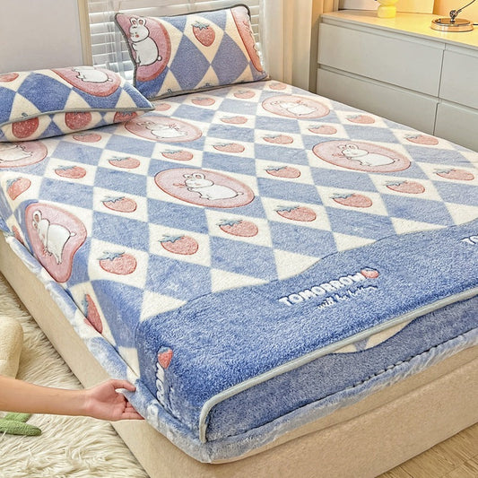 HKM-930963 Double-Sided Cartoon Snowflake Velvet Fitted Sheet with Cute Animal and Flower Patterns, Multiple Sizes Available