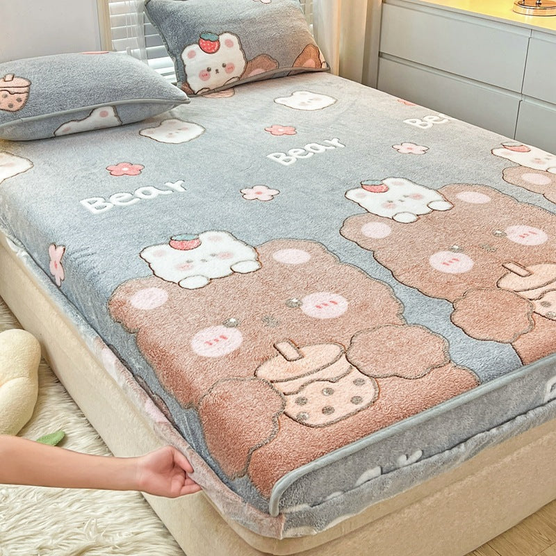 HKM-930963 Double-Sided Cartoon Snowflake Velvet Fitted Sheet with Cute Animal and Flower Patterns, Multiple Sizes Available