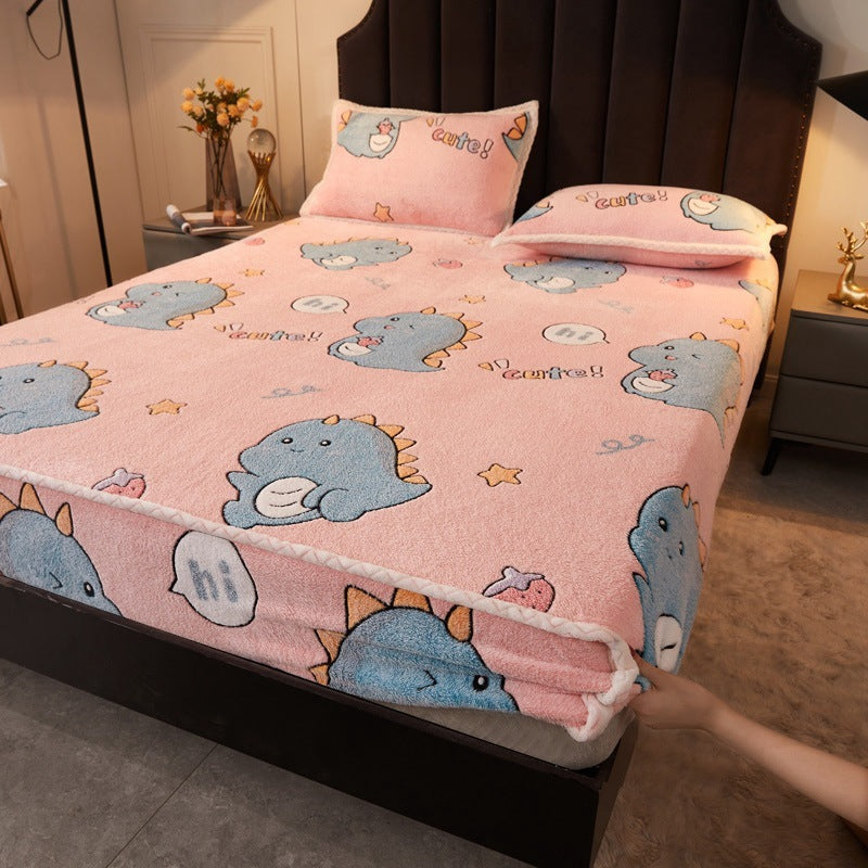 HKM-930963 Double-Sided Cartoon Snowflake Velvet Fitted Sheet with Cute Animal and Flower Patterns, Multiple Sizes Available