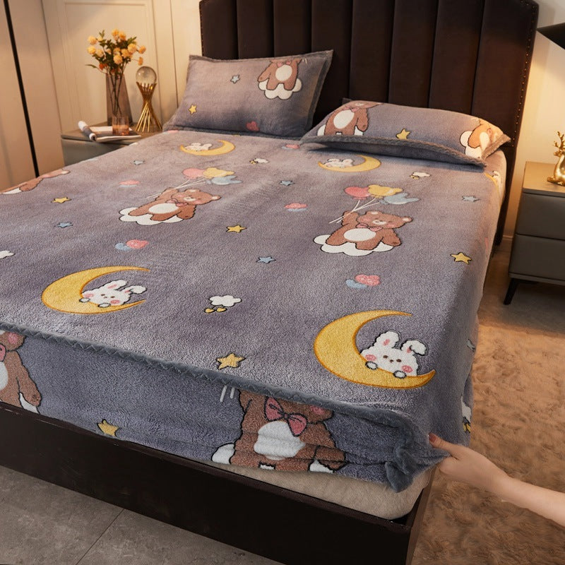 HKM-930963 Double-Sided Cartoon Snowflake Velvet Fitted Sheet with Cute Animal and Flower Patterns, Multiple Sizes Available