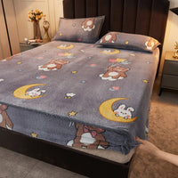 HKM-930963 Double-Sided Cartoon Snowflake Velvet Fitted Sheet with Cute Animal and Flower Patterns, Multiple Sizes Available