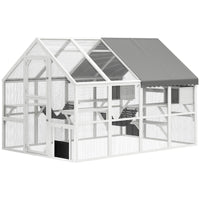 HKM-930963 Outdoor Cat Enclosure with Waterproof Cover, 2 Condos, 6 Platforms, White Wood Design