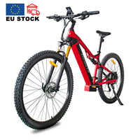 HKM-931283 1000W Full Suspension 29 Inch Electric Mountain Bike with 27 Speed Gears, Hydraulic Disc Brakes, and 60-70 Nm Torque