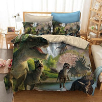 HKM-931795 Cartoon Dinosaur Themed Bedding Quilt Set with Duvet Cover and Pillowcases, Multiple Sizes Available