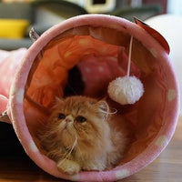 HKM-931923 Cat Tunnel and Sleeping Bag with Pet Litter Pad – Soft Cloth Resting Space in Pink and Yellow
