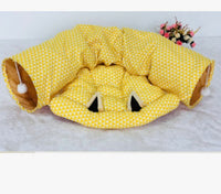 HKM-931923 Cat Tunnel and Sleeping Bag with Pet Litter Pad – Soft Cloth Resting Space in Pink and Yellow