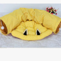 HKM-931923 Cat Tunnel and Sleeping Bag with Pet Litter Pad – Soft Cloth Resting Space in Pink and Yellow