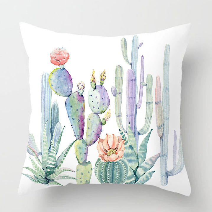 HKM-932179 Watercolor Cactus Flowers Green Succulents Cushion Cover, 45cm x 45cm, Durable Chemical Fiber, Easy Clean with Zipper