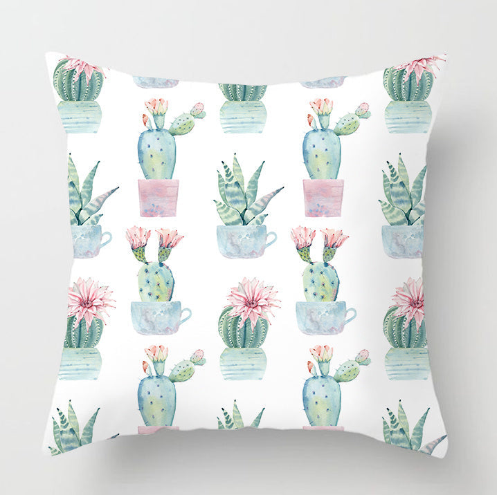 HKM-932179 Watercolor Cactus Flowers Green Succulents Cushion Cover, 45cm x 45cm, Durable Chemical Fiber, Easy Clean with Zipper