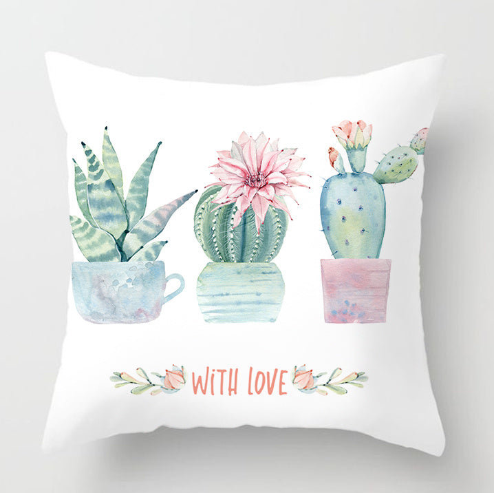 HKM-932179 Watercolor Cactus Flowers Green Succulents Cushion Cover, 45cm x 45cm, Durable Chemical Fiber, Easy Clean with Zipper