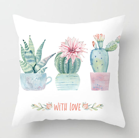 HKM-932179 Watercolor Cactus Flowers Green Succulents Cushion Cover, 45cm x 45cm, Durable Chemical Fiber, Easy Clean with Zipper