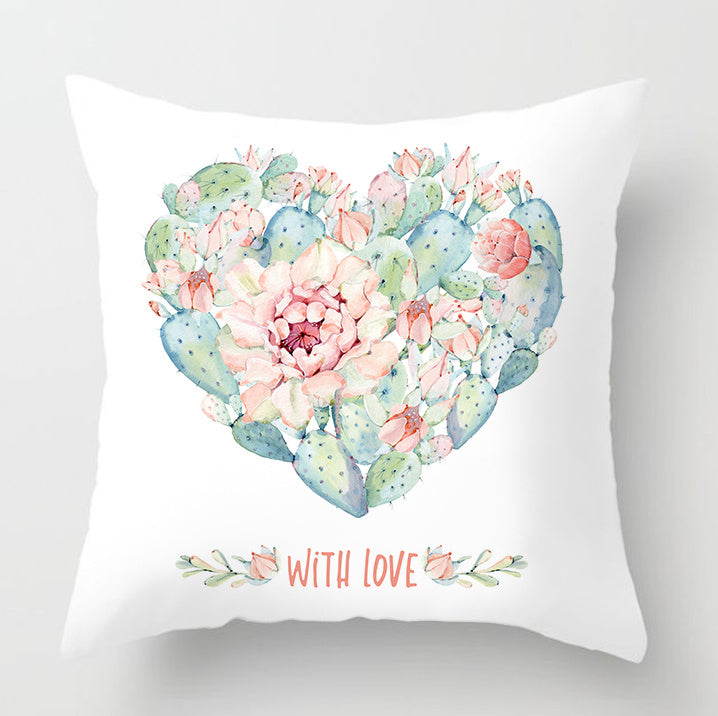 HKM-932179 Watercolor Cactus Flowers Green Succulents Cushion Cover, 45cm x 45cm, Durable Chemical Fiber, Easy Clean with Zipper