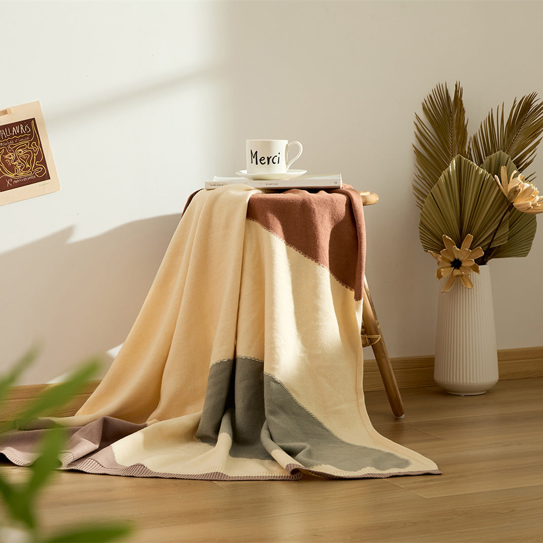 HKM-932883 Geometric Knitted Quilt Blanket for All Seasons - Bean Paste Powder & Sea Blue