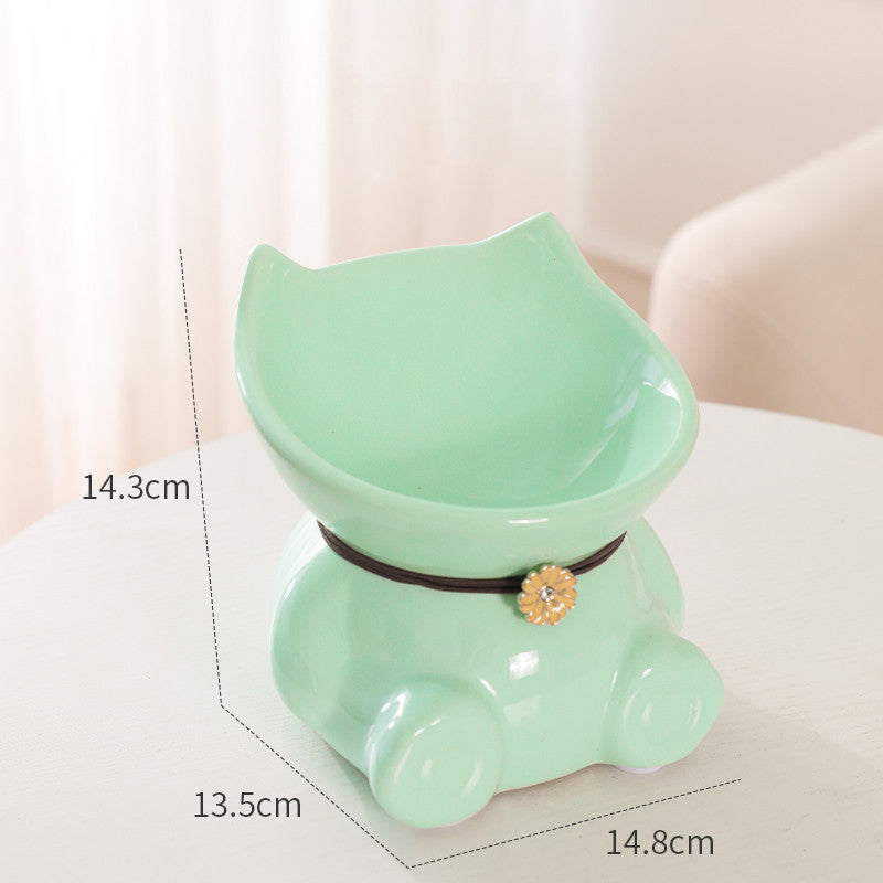 HKM-933139 High-Footed Ceramic Bowl for Cats - Fashionable Dual-Use Design in White and Powder Colors