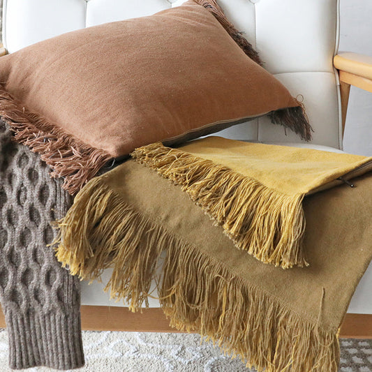 HKM-933651 Solid Color Contrast Cotton and Linen Tassel Cushion for Bedroom Decor - 50x30cm