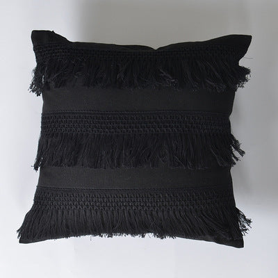 HKM-934227 Nordic Style Plaid Cotton and Linen Pillow Cover with Tassels - Multiple Color Options