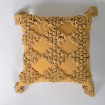 HKM-934227 Nordic Style Plaid Cotton and Linen Pillow Cover with Tassels - Multiple Color Options