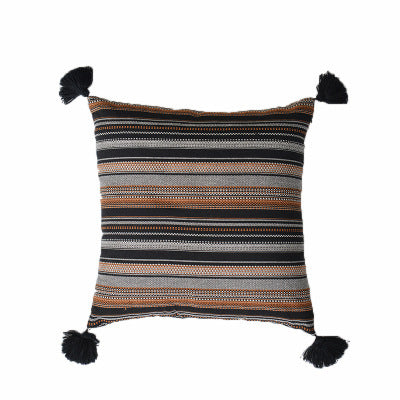 HKM-934227 Nordic Style Plaid Cotton and Linen Pillow Cover with Tassels - Multiple Color Options