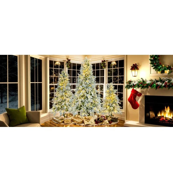HKM-934547 6FT Pre-Lit Artificial Snow Flocked Christmas Tree with 300 Multi-Color LED Lights and 8 Flashing Modes