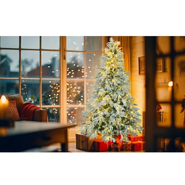 HKM-934547 6FT Pre-Lit Artificial Snow Flocked Christmas Tree with 300 Multi-Color LED Lights and 8 Flashing Modes