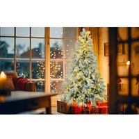 HKM-934547 6FT Pre-Lit Artificial Snow Flocked Christmas Tree with 300 Multi-Color LED Lights and 8 Flashing Modes