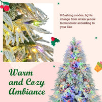 HKM-934547 6FT Pre-Lit Artificial Snow Flocked Christmas Tree with 300 Multi-Color LED Lights and 8 Flashing Modes