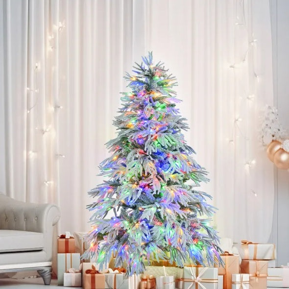 HKM-934547 6FT Pre-Lit Artificial Snow Flocked Christmas Tree with 300 Multi-Color LED Lights and 8 Flashing Modes
