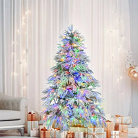 HKM-934547 6FT Pre-Lit Artificial Snow Flocked Christmas Tree with 300 Multi-Color LED Lights and 8 Flashing Modes