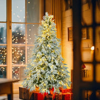 HKM-934547 6FT Pre-Lit Artificial Snow Flocked Christmas Tree with 300 Multi-Color LED Lights and 8 Flashing Modes