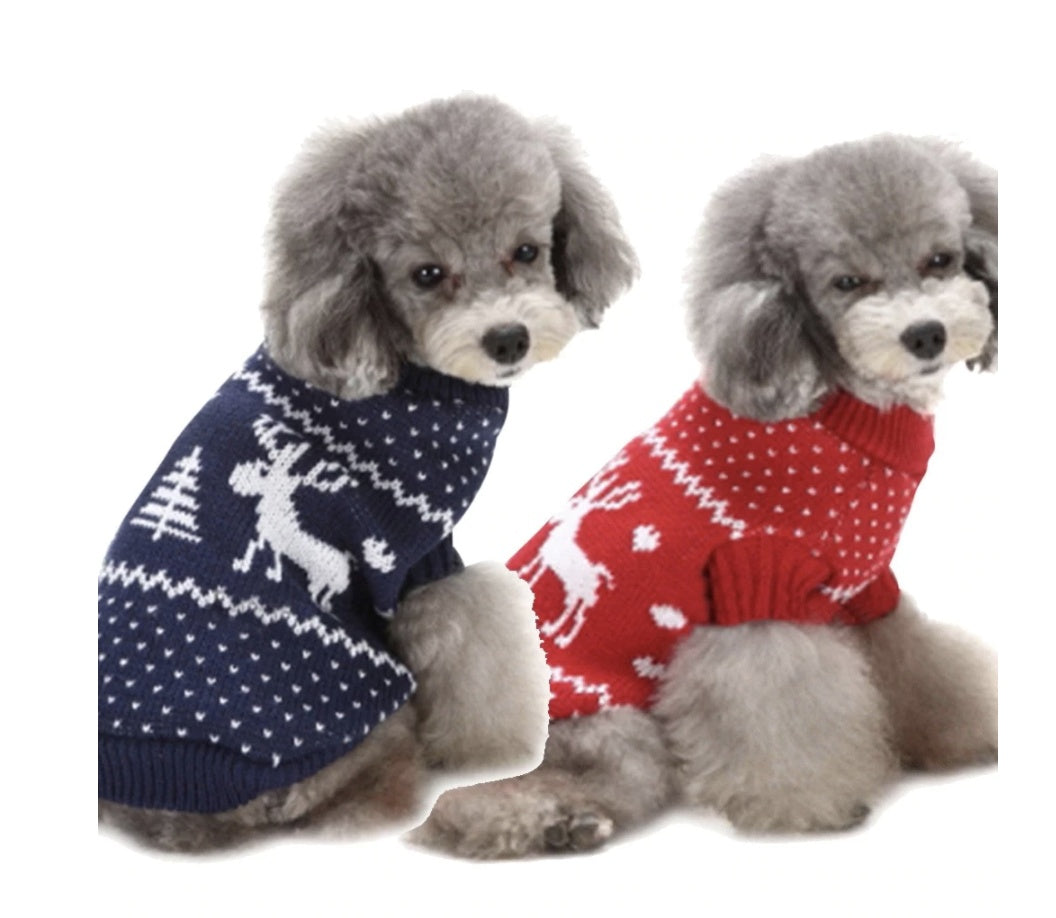 HKM-934675 Christmas Elk Reindeer Sweater for Small to Extra Large Dogs in Blue and Red