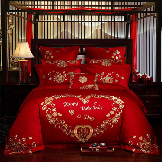 HKM-934739 Cotton Four Piece Bedding Set for Chinese Weddings with Floral Patterns in Multiple Color Options