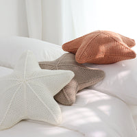 HKM-935379 Hand-Knitted Starfish-Shaped Pillow in Coral Orange, Milky White, and Khaki, 50x50CM