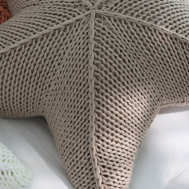 HKM-935379 Hand-Knitted Starfish-Shaped Pillow in Coral Orange, Milky White, and Khaki, 50x50CM