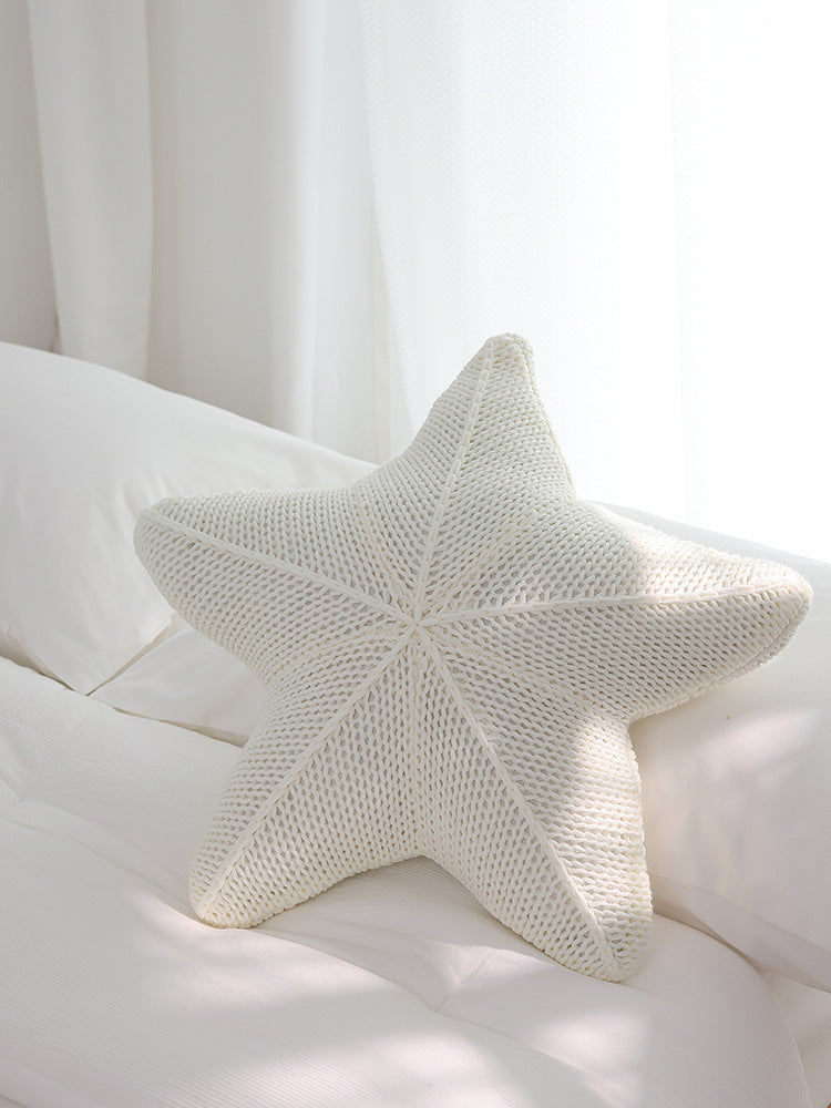 HKM-935379 Hand-Knitted Starfish-Shaped Pillow in Coral Orange, Milky White, and Khaki, 50x50CM
