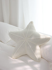 HKM-935379 Hand-Knitted Starfish-Shaped Pillow in Coral Orange, Milky White, and Khaki, 50x50CM