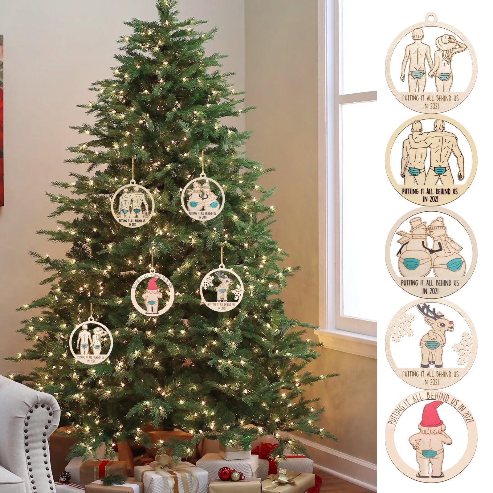 HKM-936019 Wooden Christmas Tree with Hangable Ornaments, 8x8cm, Available in Multiple Styles