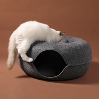 HKM-936403 Dual-Use Cat Nest and Tunnel in Grey Felt - Removable, Washable, Interactive Pet Play Space