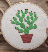 HKM-936403 Hand Embroidered Green Plant Cross Stitch Wall Art on Cotton Canvas