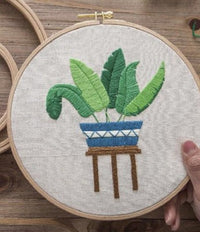 HKM-936403 Hand Embroidered Green Plant Cross Stitch Wall Art on Cotton Canvas