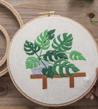 HKM-936403 Hand Embroidered Green Plant Cross Stitch Wall Art on Cotton Canvas