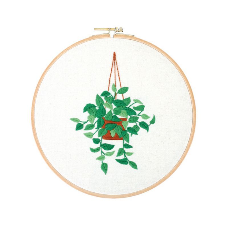 HKM-936403 Hand Embroidered Green Plant Cross Stitch Wall Art on Cotton Canvas