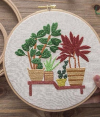 HKM-936403 Hand Embroidered Green Plant Cross Stitch Wall Art on Cotton Canvas
