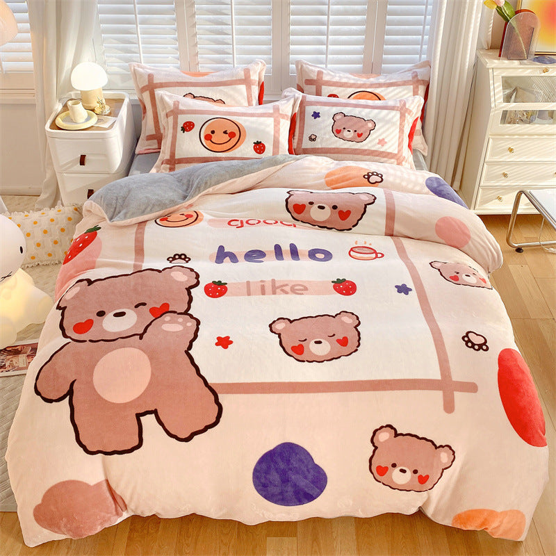HKM-936403 Large Cartoon Anime Milk Fiber Four-piece Bedding Set for Autumn and Winter
