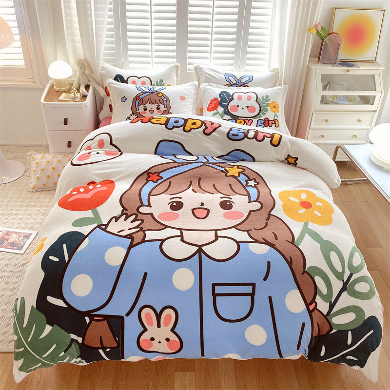 HKM-936403 Large Cartoon Anime Milk Fiber Four-piece Bedding Set for Autumn and Winter
