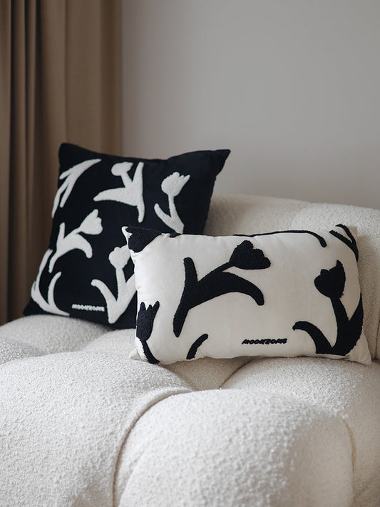 HKM-936787 Hand-Painted Black and White Embroidered Square Sofa Pillowcase - 30x50cm & 45x45cm Options