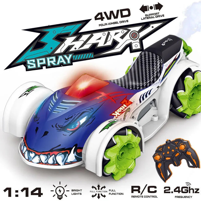 HKM-938131 Flash Spray Shark 2.4GHz Remote Control Stunt Car with Light and Music, Electric Drift Truck for Indoor and Outdoor Fun